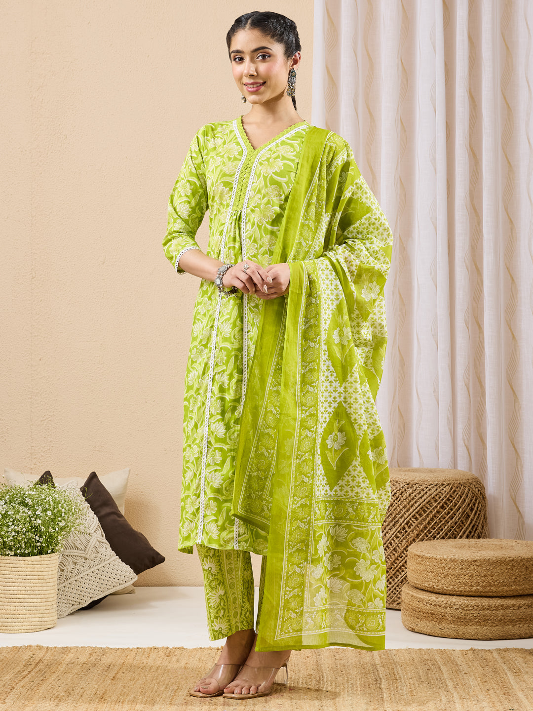Janasya Lime Green Straight Cotton Kurta,Bottom & Dupatta | Grocsy