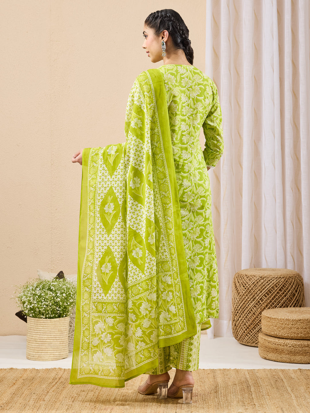 Janasya Lime Green Straight Cotton Kurta,Bottom & Dupatta | Grocsy