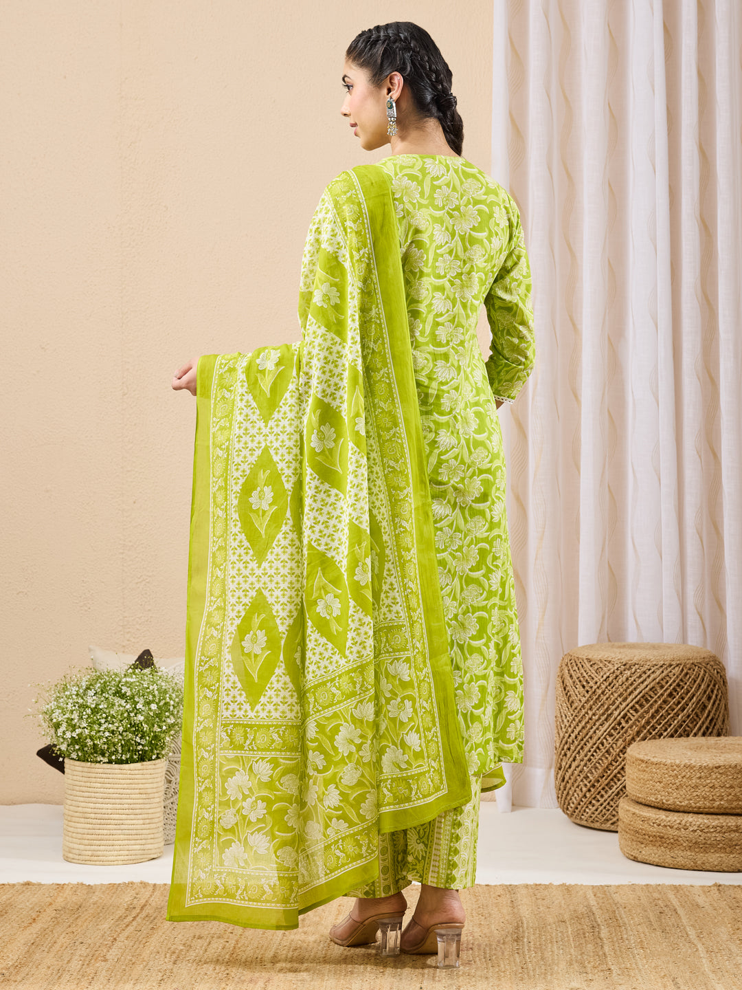 Janasya Lime Green Straight Cotton Kurta,Bottom & Dupatta | Grocsy