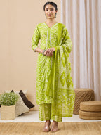 Janasya Lime Green Straight Cotton Kurta,Bottom & Dupatta | Grocsy