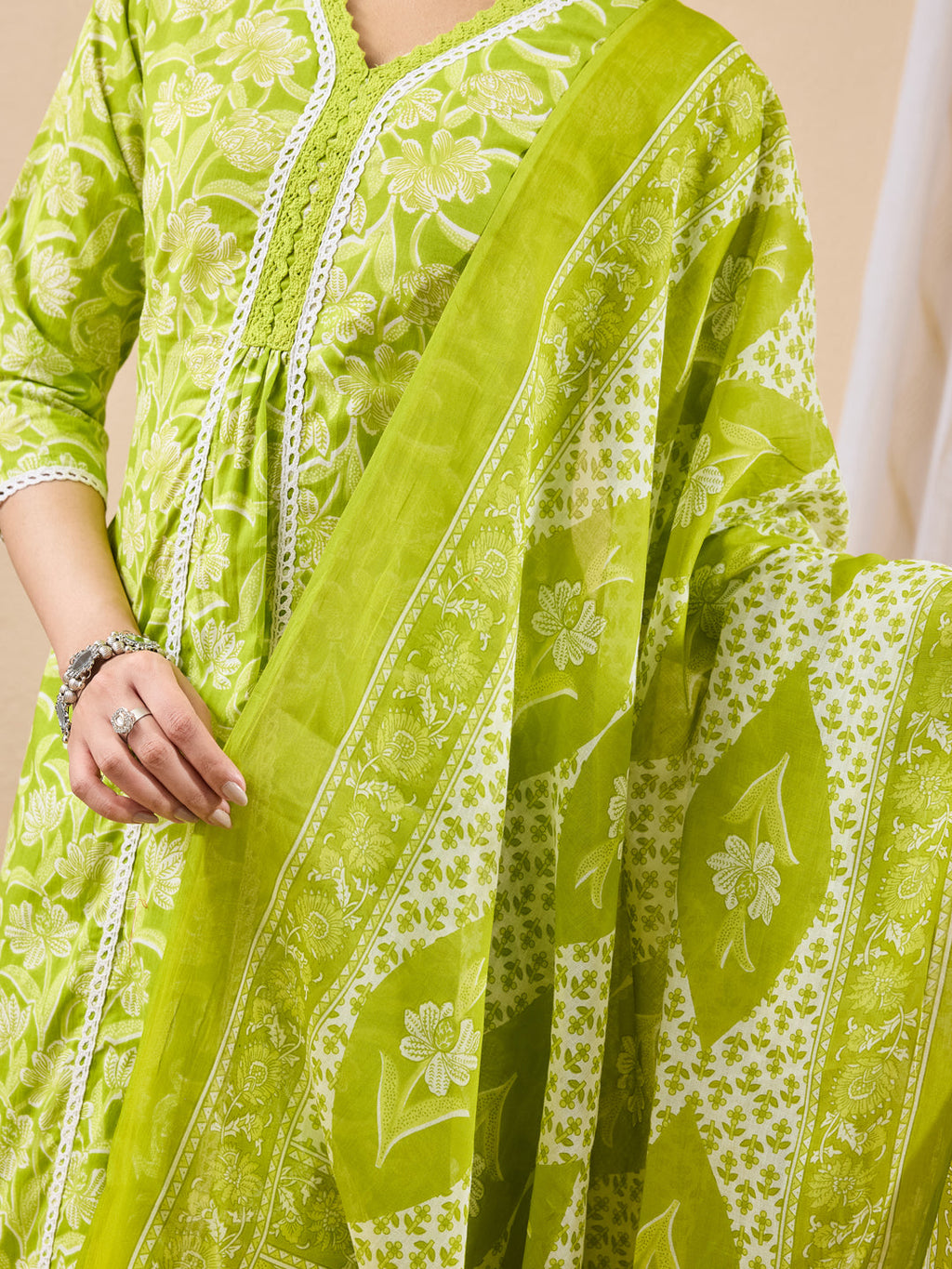 Janasya Lime Green Straight Cotton Kurta,Bottom & Dupatta | Grocsy