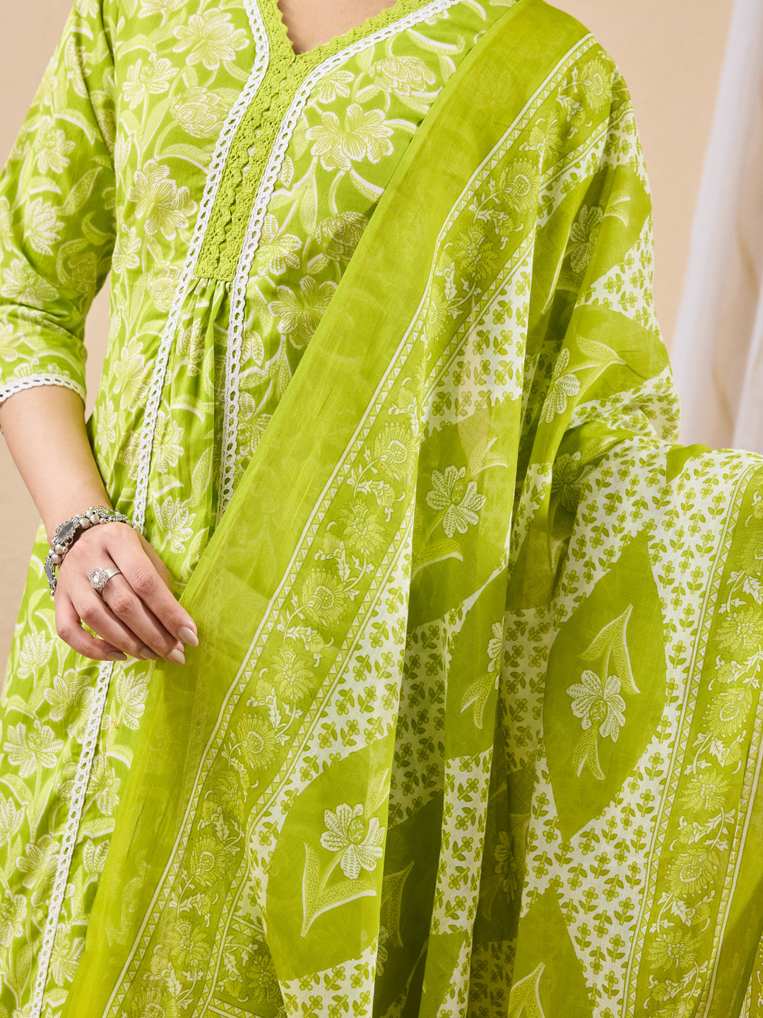 Janasya Lime Green Straight Cotton Kurta,Bottom & Dupatta | Grocsy