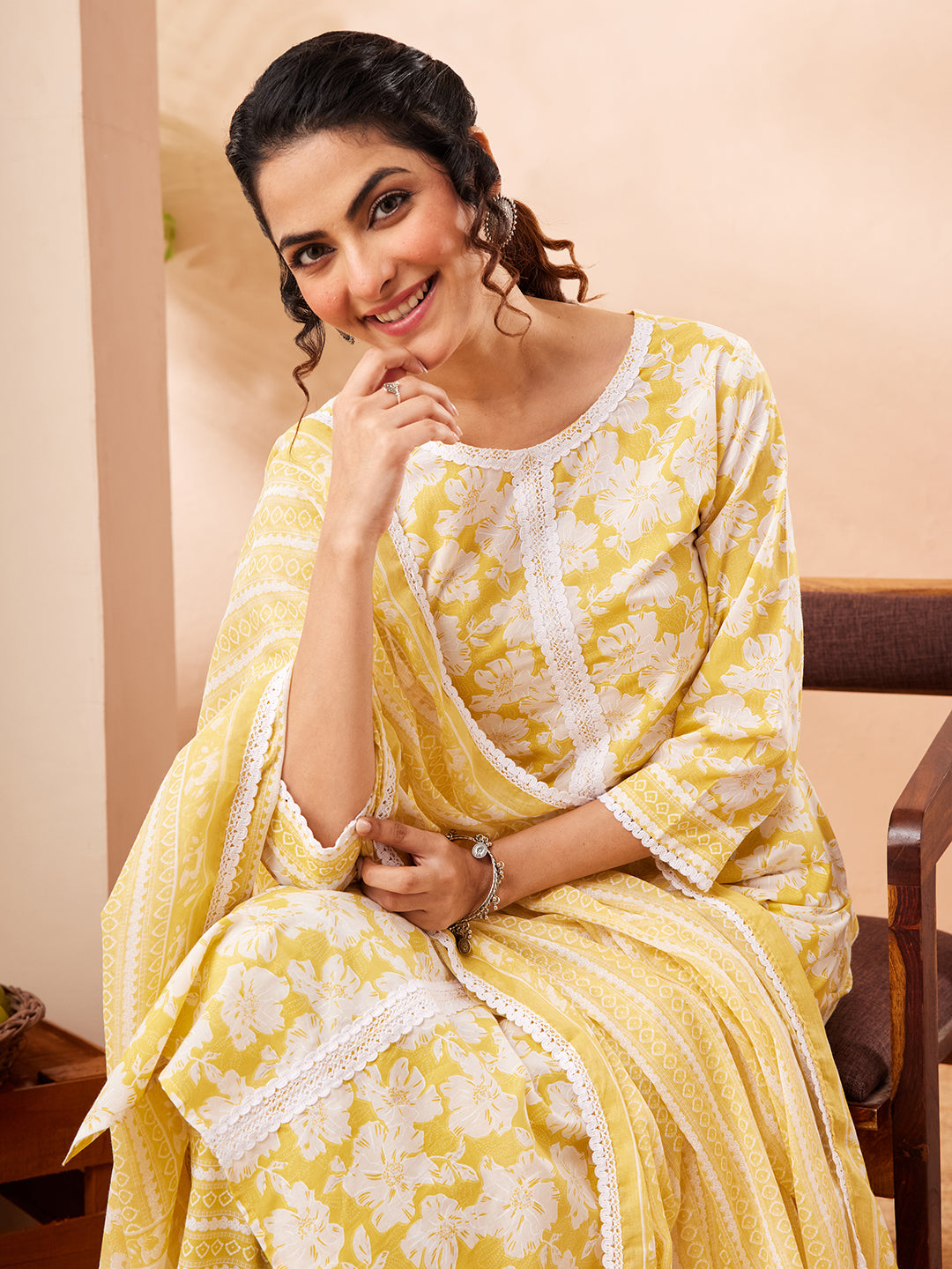 Janasya Yellow Straight Cotton Kurta,Bottom & Dupatta | Grocsy