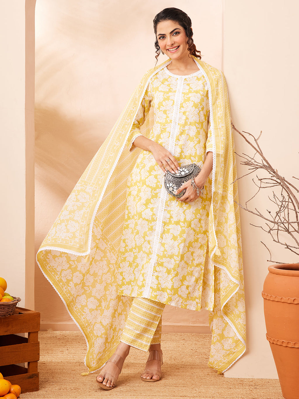 Janasya Yellow Straight Cotton Kurta,Bottom & Dupatta | Grocsy
