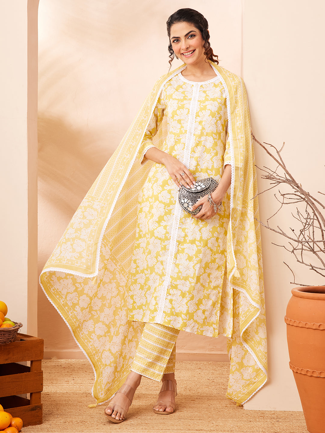 Janasya Yellow Straight Cotton Kurta,Bottom & Dupatta | Grocsy