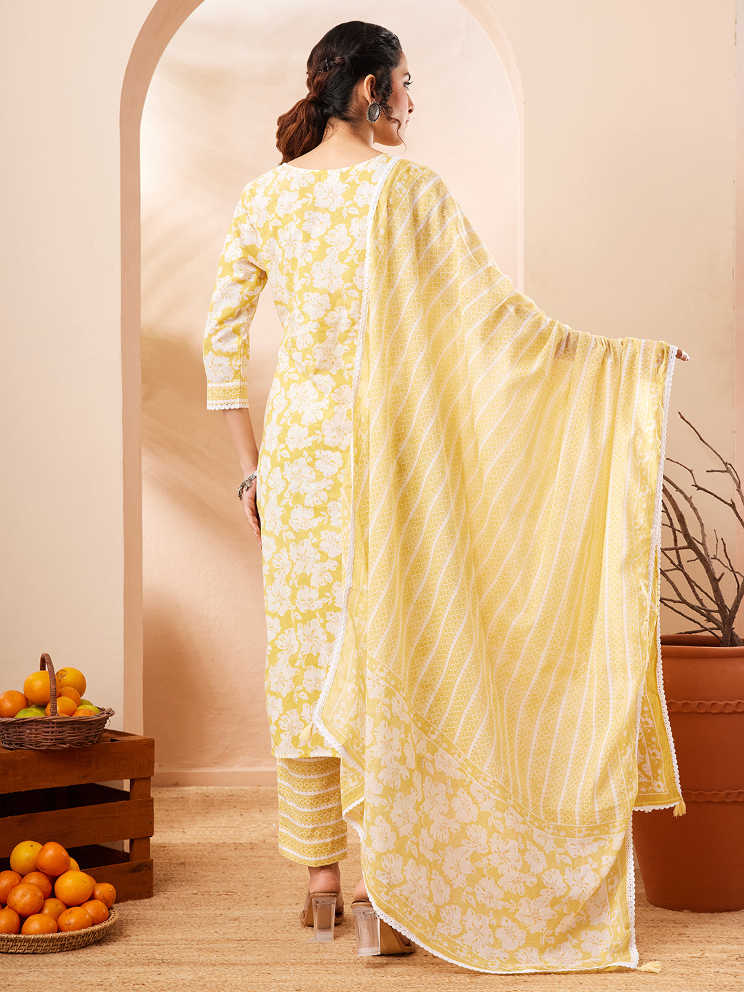 Janasya Yellow Straight Cotton Kurta,Bottom & Dupatta | Grocsy