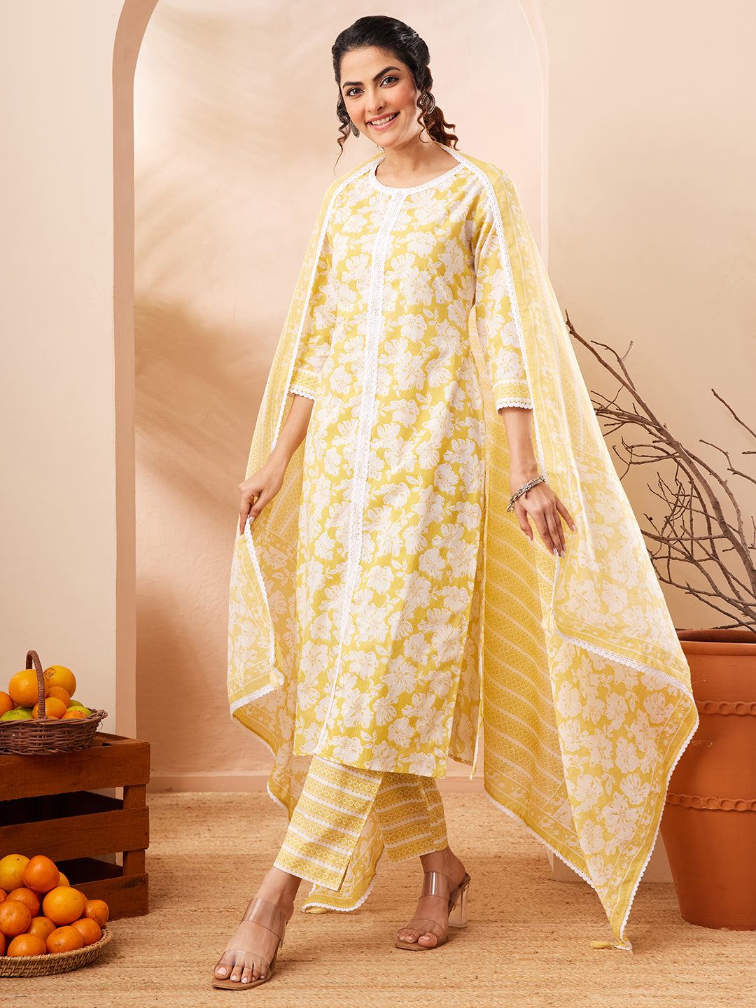 Janasya Yellow Straight Cotton Kurta,Bottom & Dupatta | Grocsy