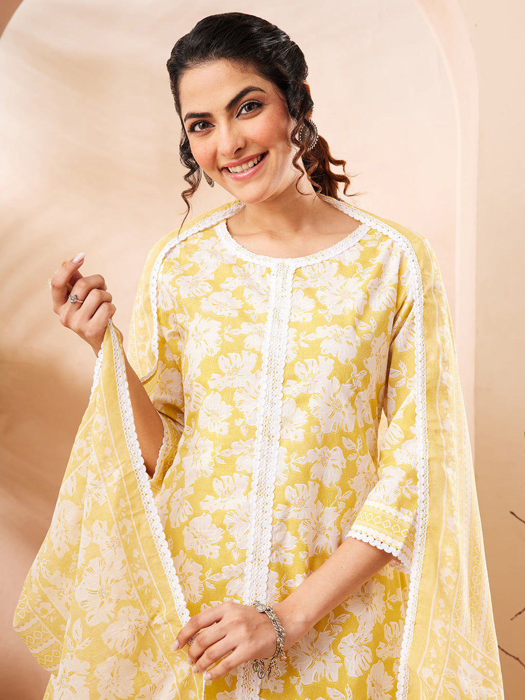Janasya Yellow Straight Cotton Kurta,Bottom & Dupatta | Grocsy