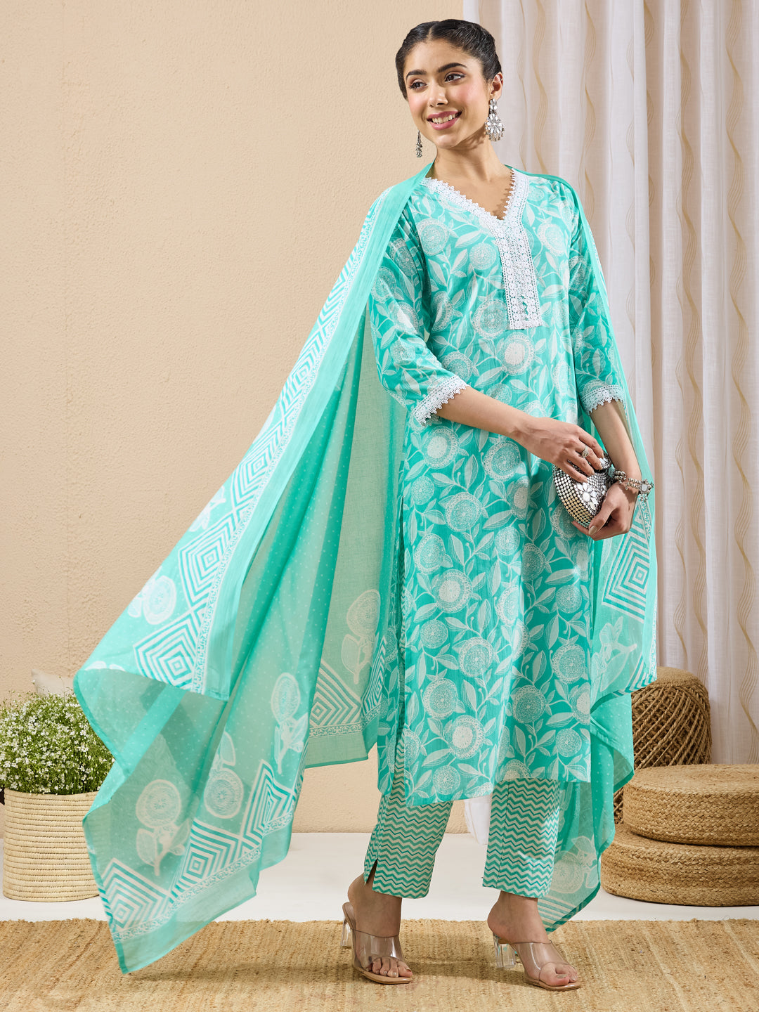 Janasya Light Green Straight Cotton Kurta,Bottom & Dupatta | Grocsy