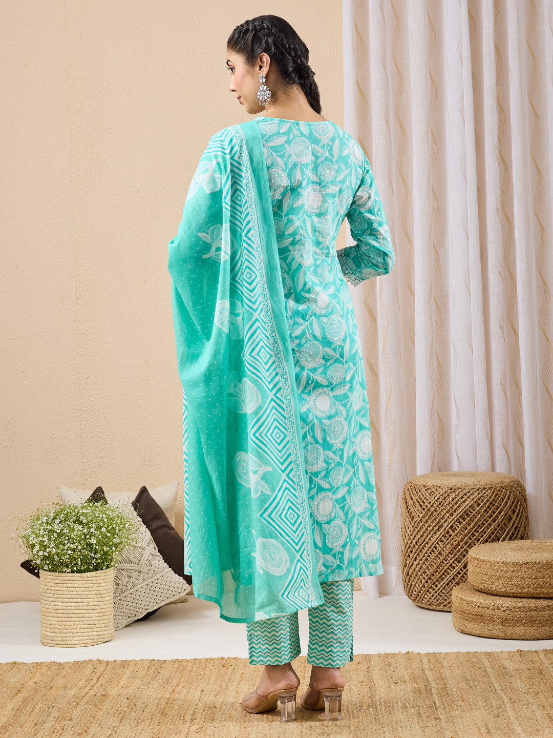 Janasya Light Green Straight Cotton Kurta,Bottom & Dupatta | Grocsy