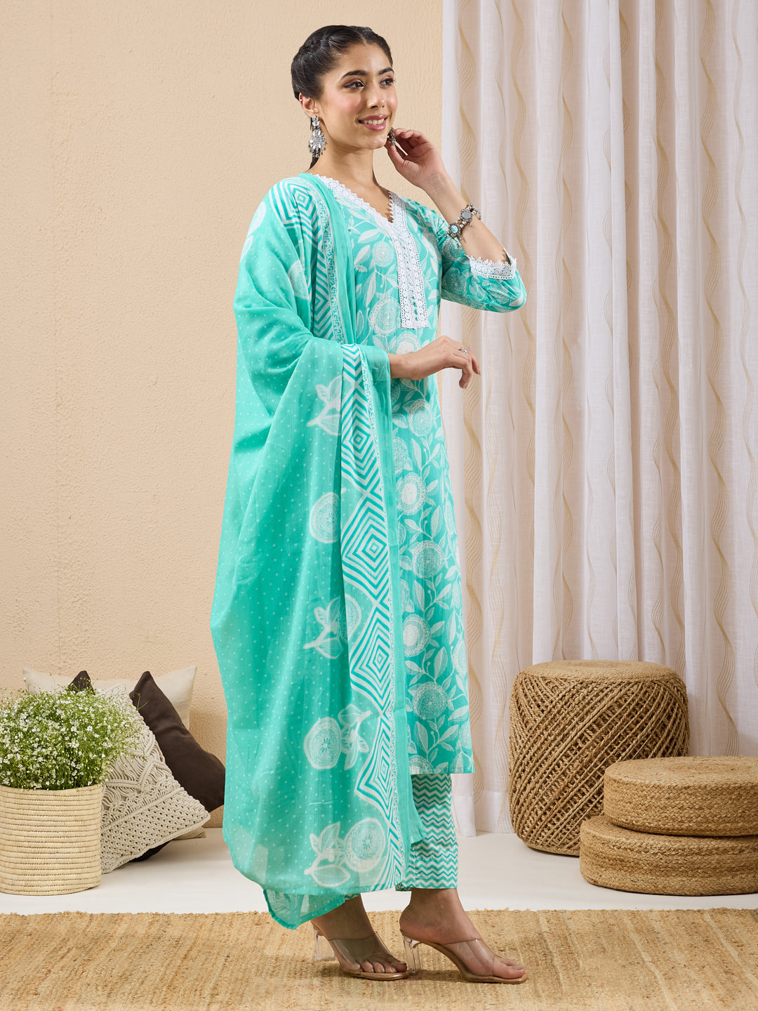 Janasya Light Green Straight Cotton Kurta,Bottom & Dupatta | Grocsy