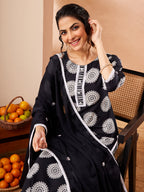 Janasya Black Straight Cotton Kurta,Bottom & Dupatta | Grocsy