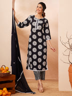 Janasya Black Straight Cotton Kurta,Bottom & Dupatta | Grocsy
