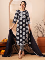 Janasya Black Straight Cotton Kurta,Bottom & Dupatta | Grocsy