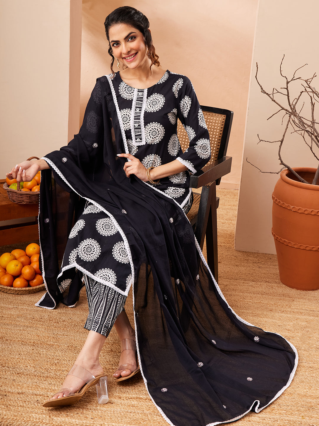 Janasya Black Straight Cotton Kurta,Bottom & Dupatta | Grocsy