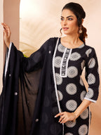 Janasya Black Straight Cotton Kurta,Bottom & Dupatta | Grocsy