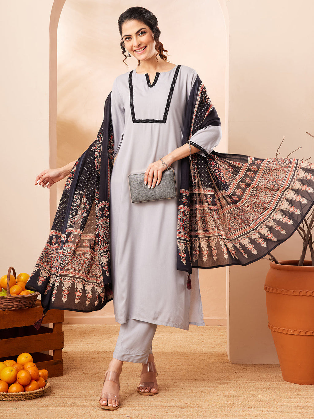 Janasya Grey Straight Rayon Kurta,Bottom & Dupatta | Grocsy