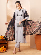 Janasya Grey Straight Rayon Kurta,Bottom & Dupatta | Grocsy