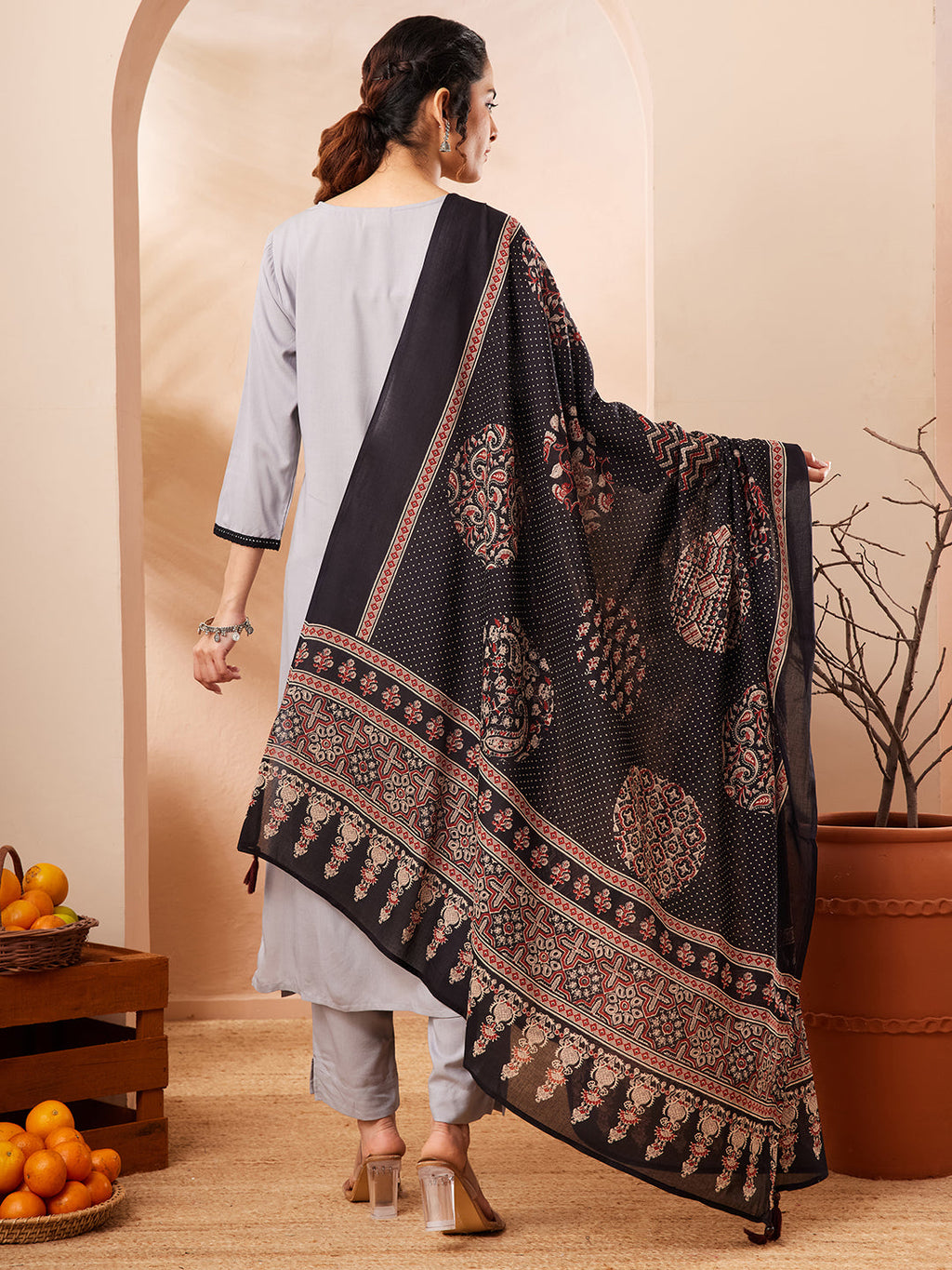 Janasya Grey Straight Rayon Kurta,Bottom & Dupatta | Grocsy