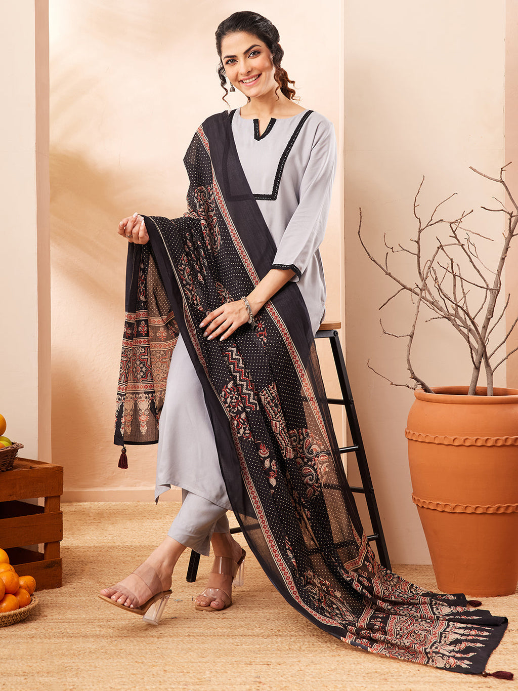 Janasya Grey Straight Rayon Kurta,Bottom & Dupatta | Grocsy
