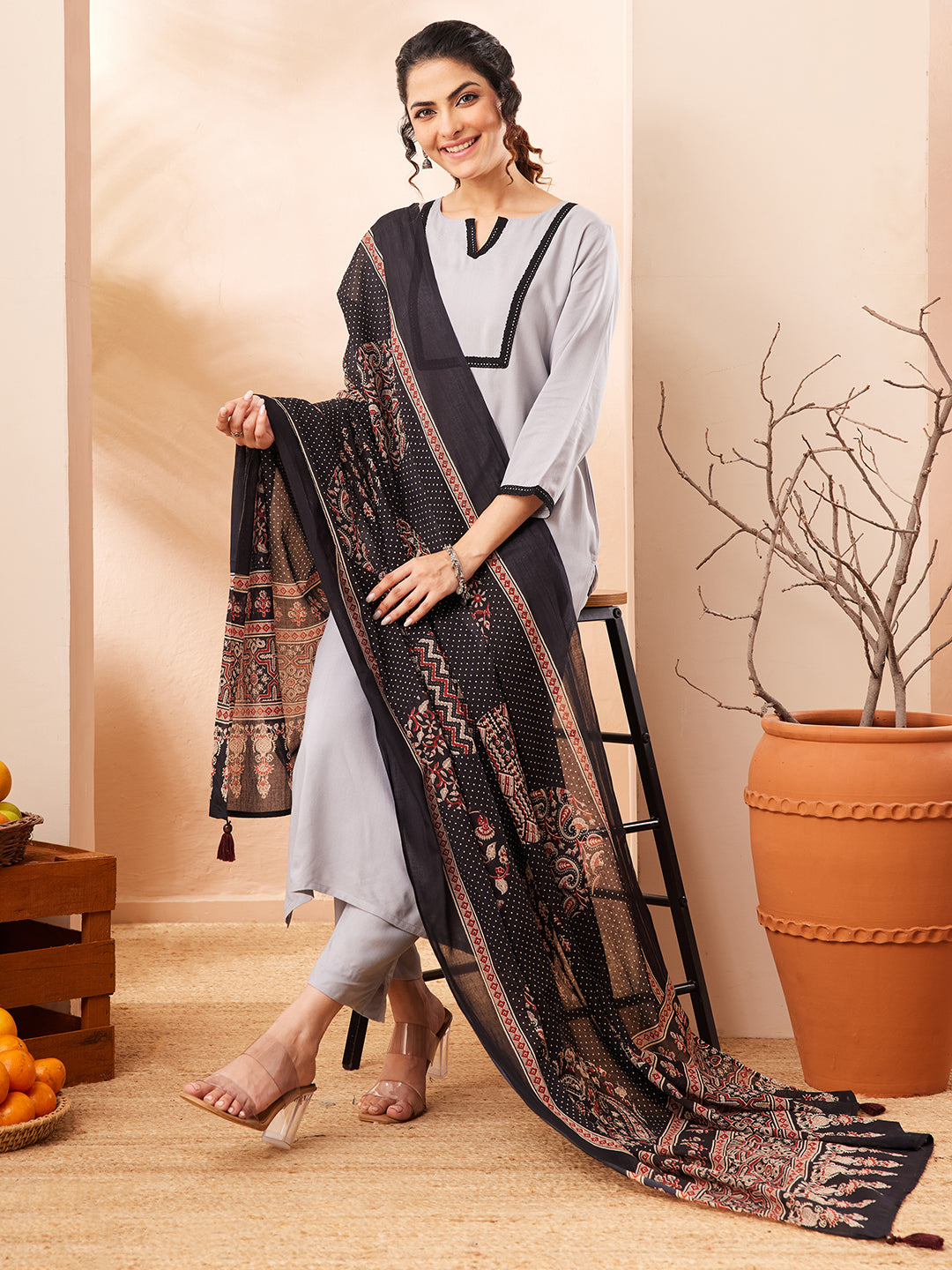 Janasya Grey Straight Rayon Kurta,Bottom & Dupatta | Grocsy
