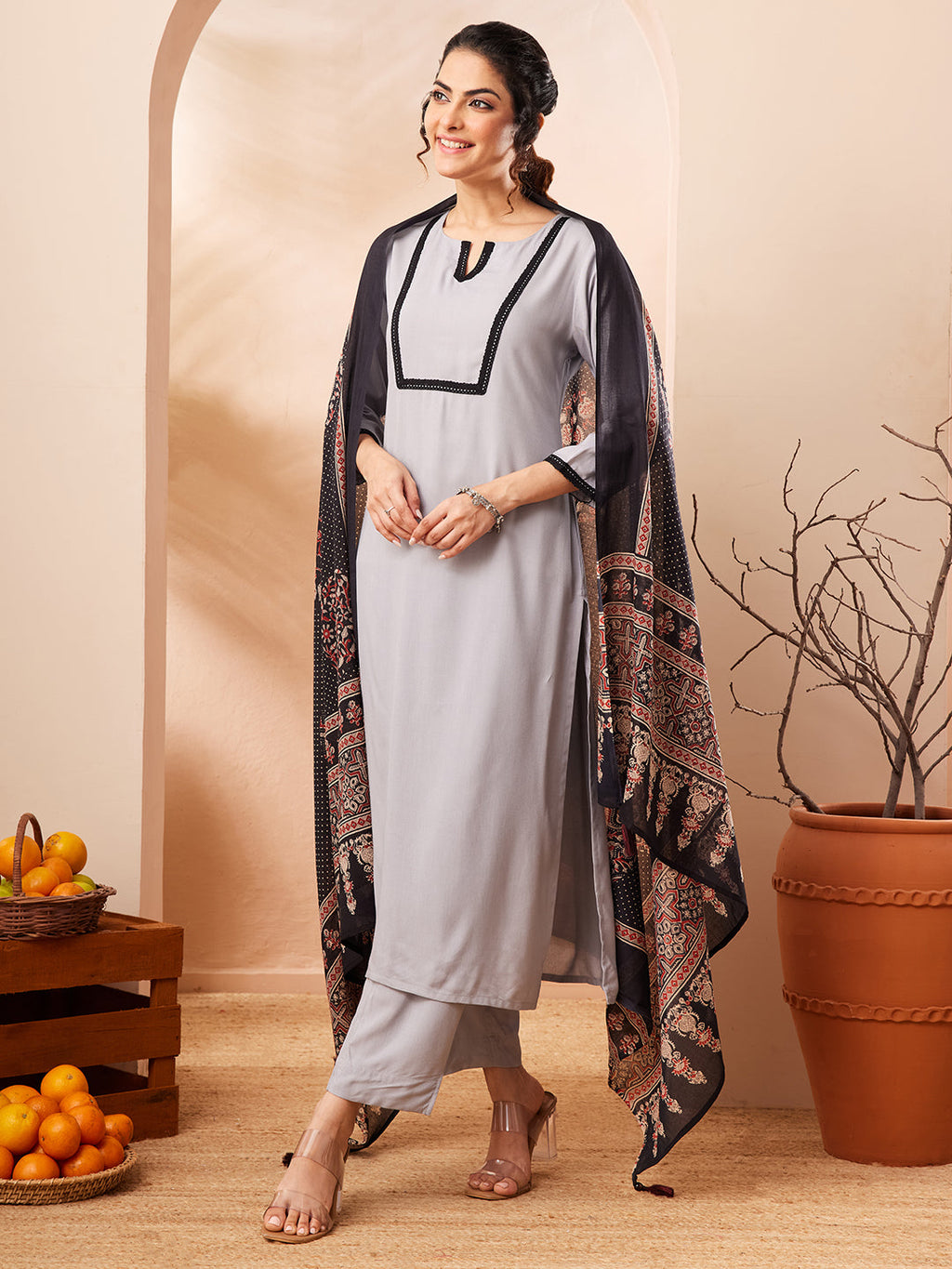 Janasya Grey Straight Rayon Kurta,Bottom & Dupatta | Grocsy