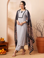 Janasya Grey Straight Rayon Kurta,Bottom & Dupatta | Grocsy