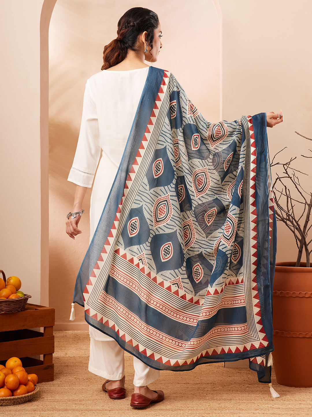 Janasya Off White Straight Rayon Kurta,Bottom & Dupatta | Grocsy