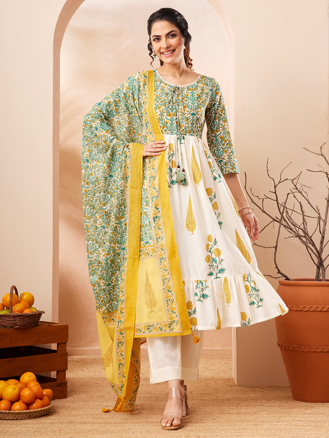 Janasya Off White A-Line Cotton Kurta,Bottom & Dupatta | Grocsy