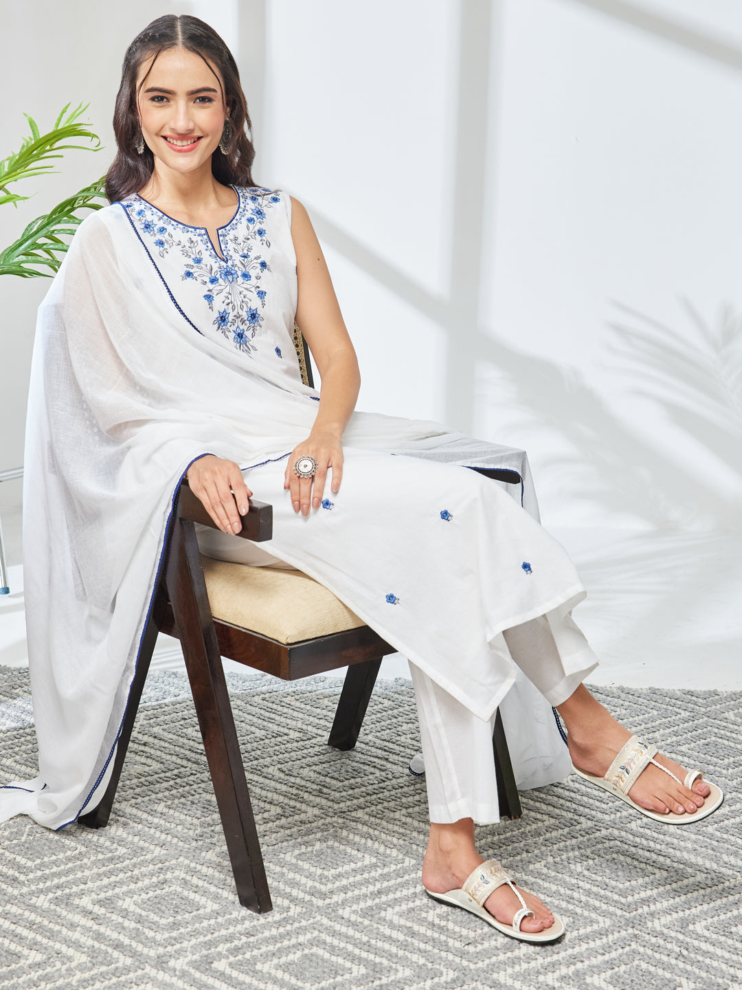 Janasya White Straight Cotton Kurta,Bottom & Dupatta | Grocsy