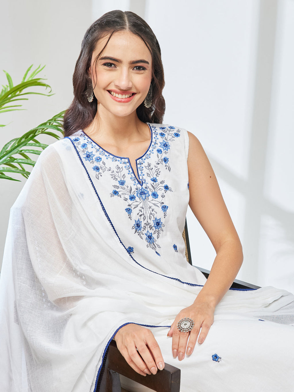 Janasya White Straight Cotton Kurta,Bottom & Dupatta | Grocsy