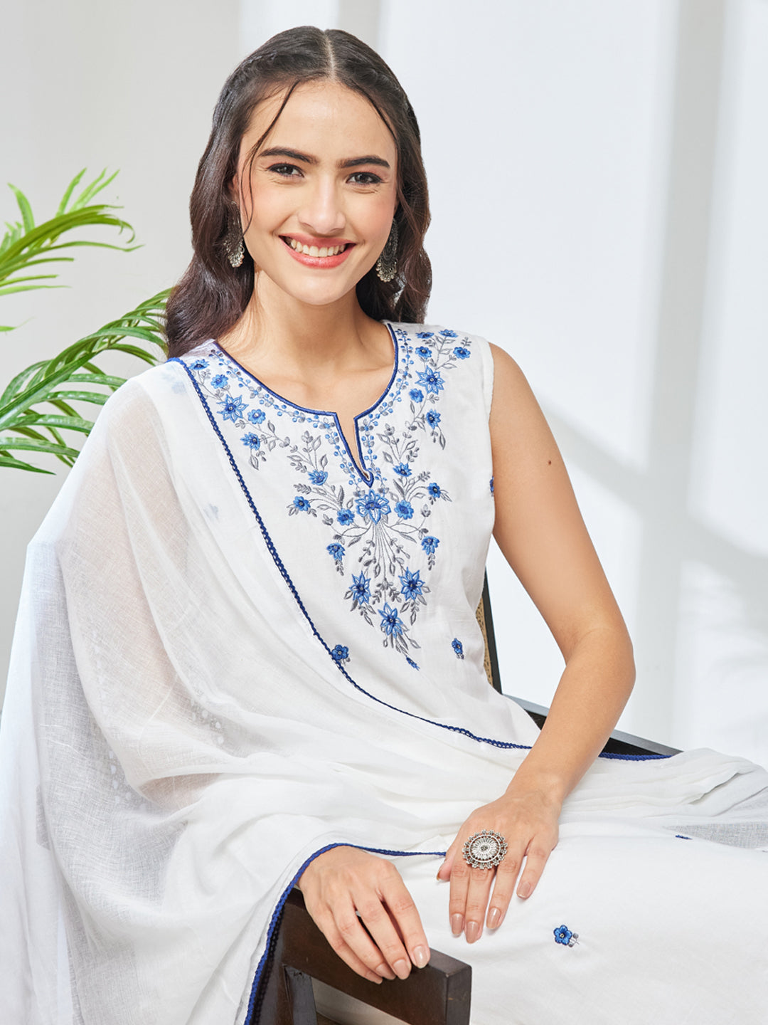 Janasya White Straight Cotton Kurta,Bottom & Dupatta | Grocsy