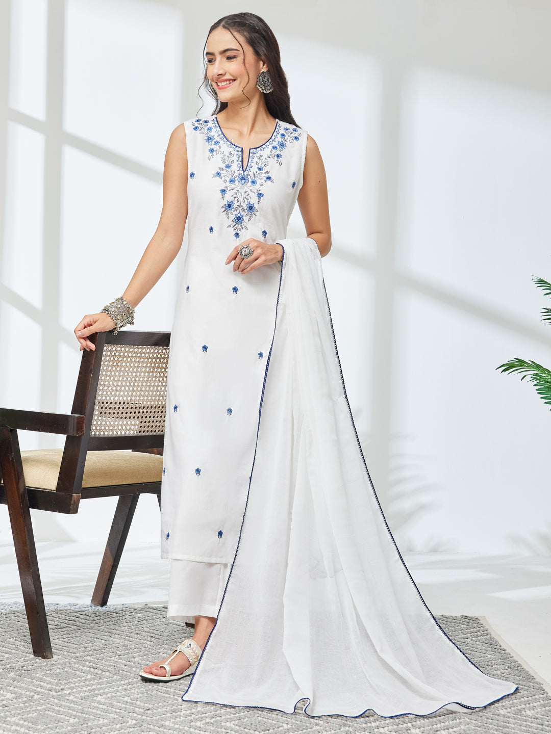 Janasya White Straight Cotton Kurta,Bottom & Dupatta | Grocsy