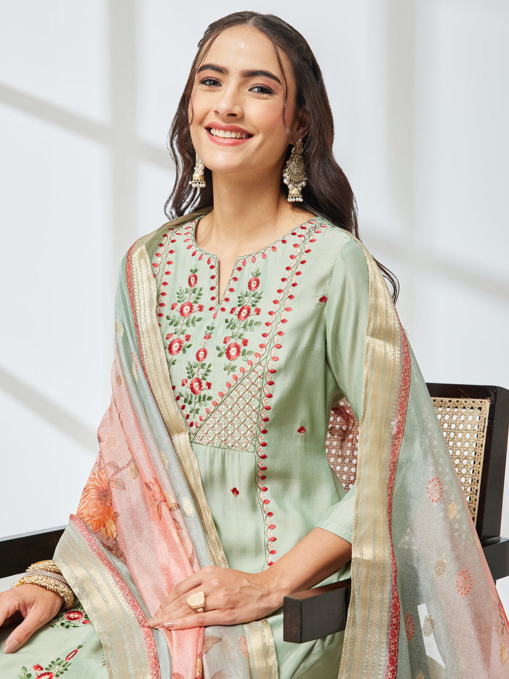 Janasya Mint Straight Silk Blend Kurta,Bottom & Dupatta | Grocsy