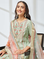 Janasya Mint Straight Silk Blend Kurta,Bottom & Dupatta | Grocsy