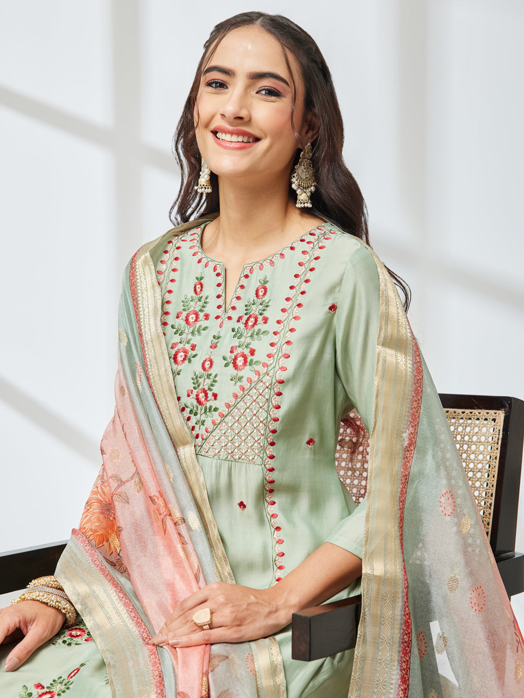Janasya Mint Straight Silk Blend Kurta,Bottom & Dupatta | Grocsy