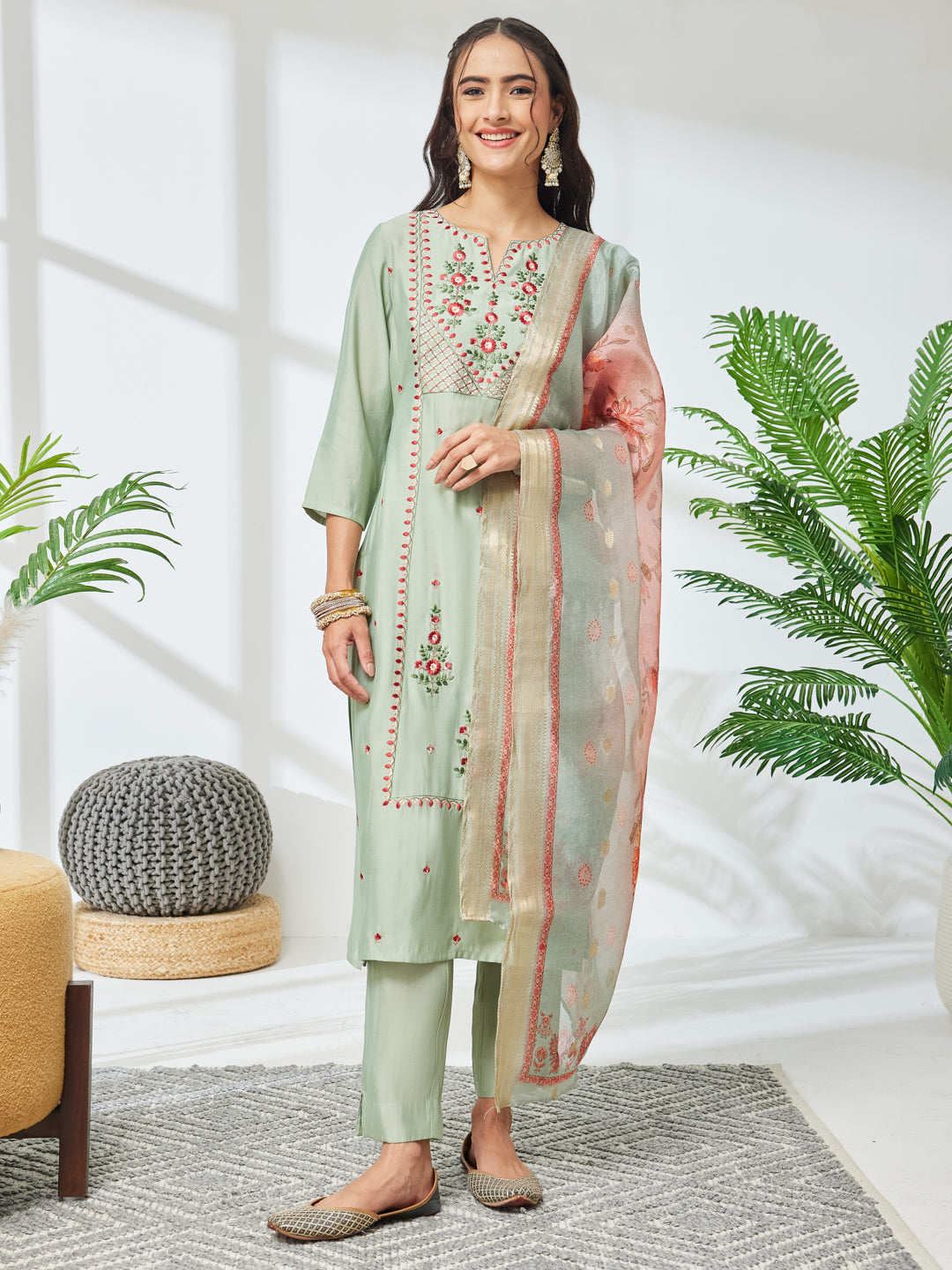 Janasya Mint Straight Silk Blend Kurta,Bottom & Dupatta | Grocsy