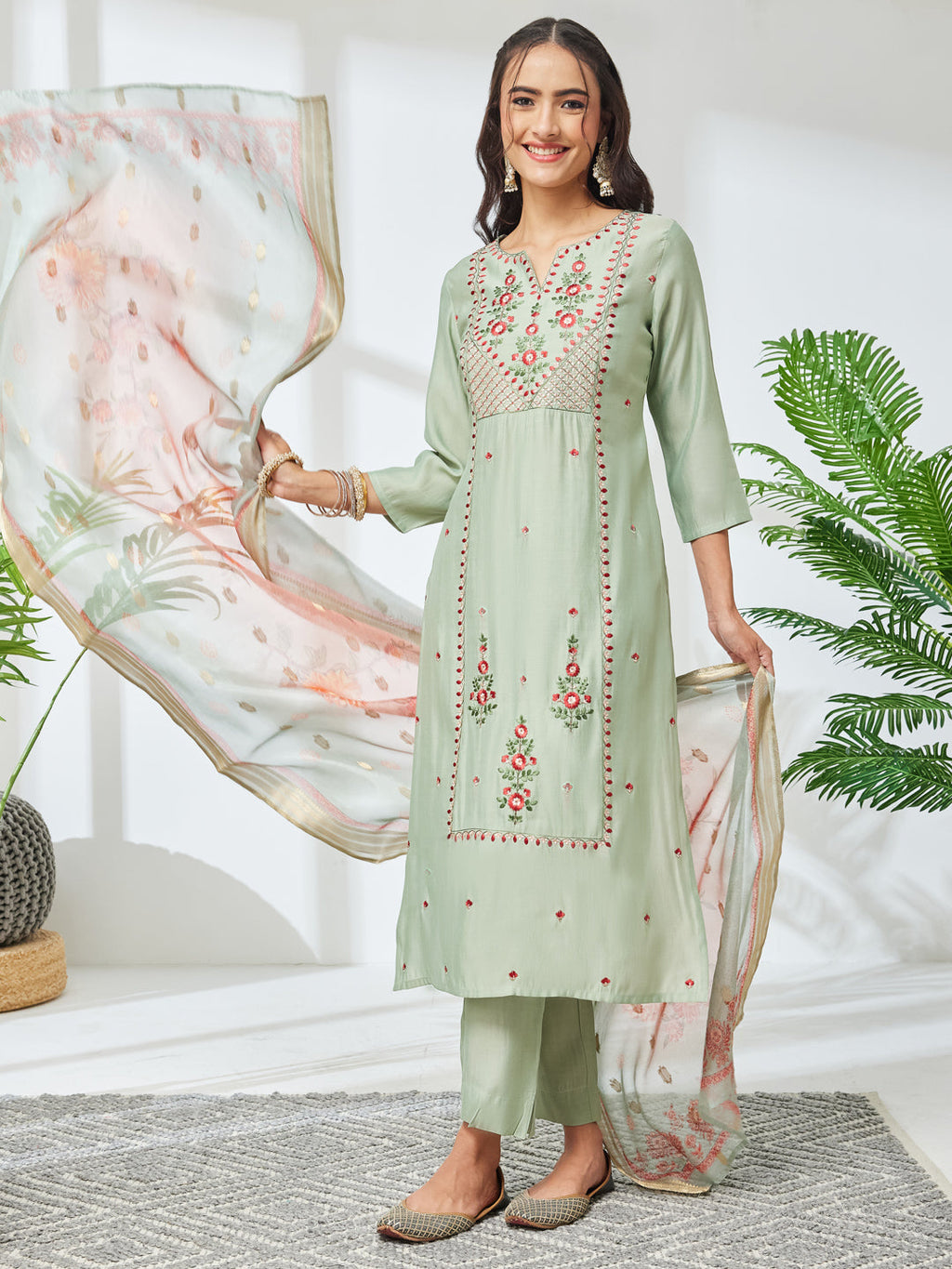 Janasya Mint Straight Silk Blend Kurta,Bottom & Dupatta | Grocsy