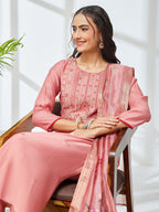 Janasya Coral Straight Silk Blend Kurta,Bottom & Dupatta | Grocsy