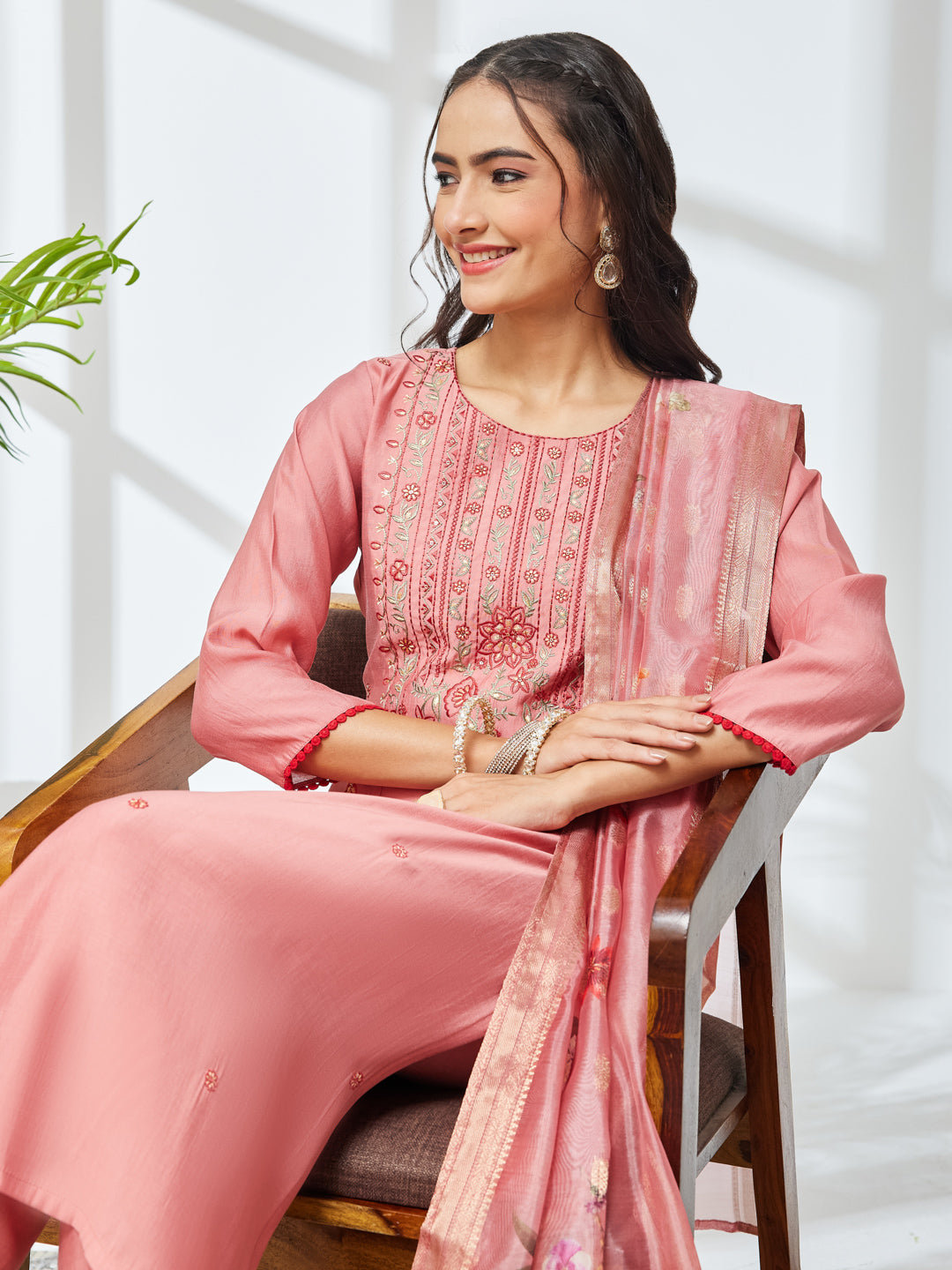 Janasya Coral Straight Silk Blend Kurta,Bottom & Dupatta | Grocsy