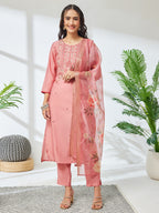 Janasya Coral Straight Silk Blend Kurta,Bottom & Dupatta | Grocsy