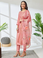 Janasya Coral Straight Silk Blend Kurta,Bottom & Dupatta | Grocsy
