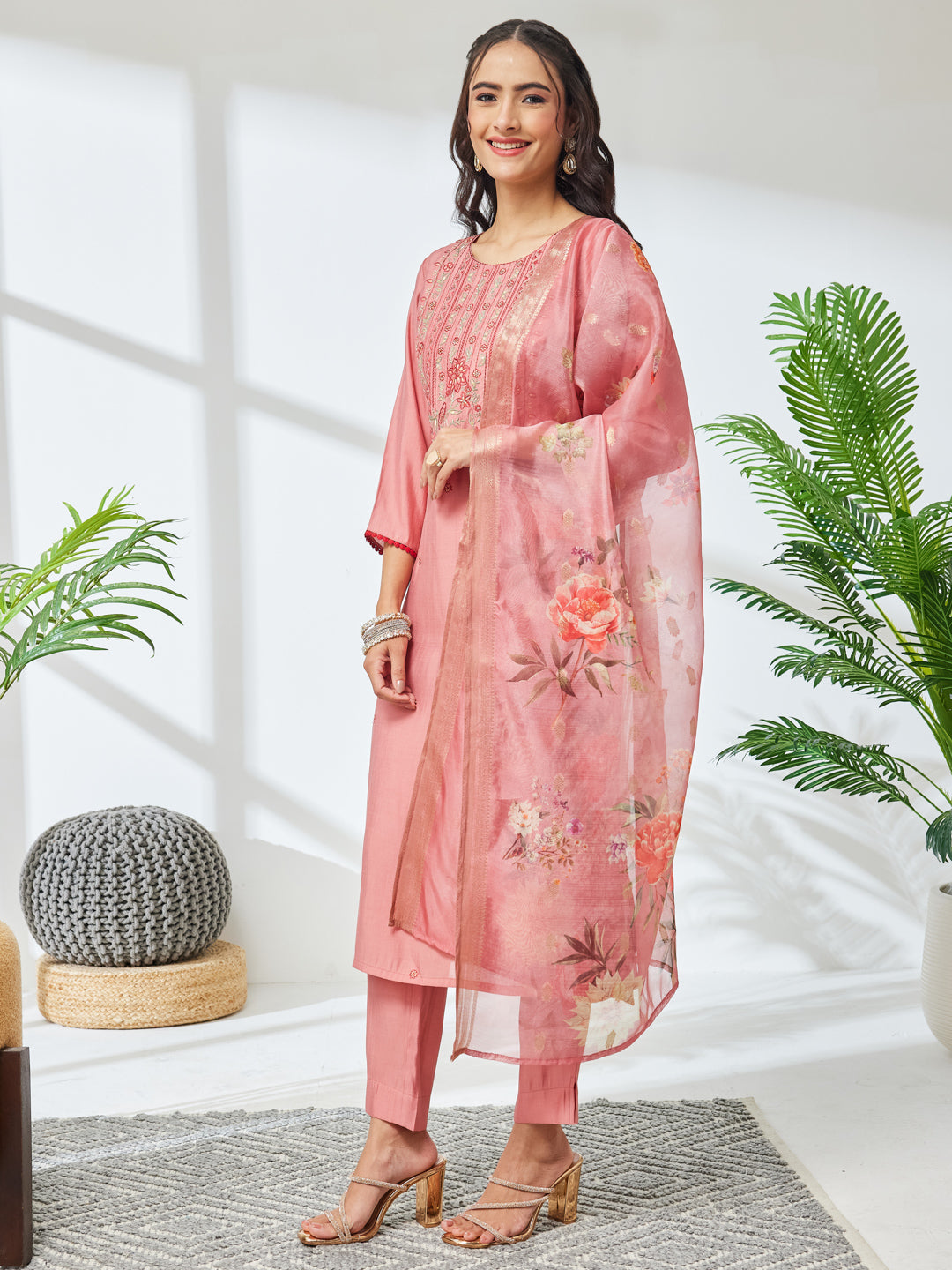 Janasya Coral Straight Silk Blend Kurta,Bottom & Dupatta | Grocsy