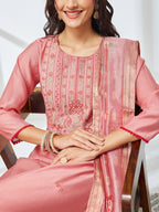 Janasya Coral Straight Silk Blend Kurta,Bottom & Dupatta | Grocsy