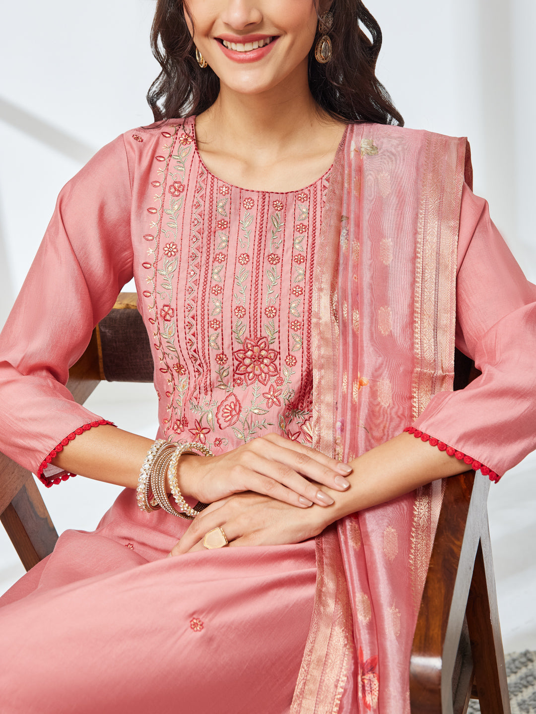 Janasya Coral Straight Silk Blend Kurta,Bottom & Dupatta | Grocsy