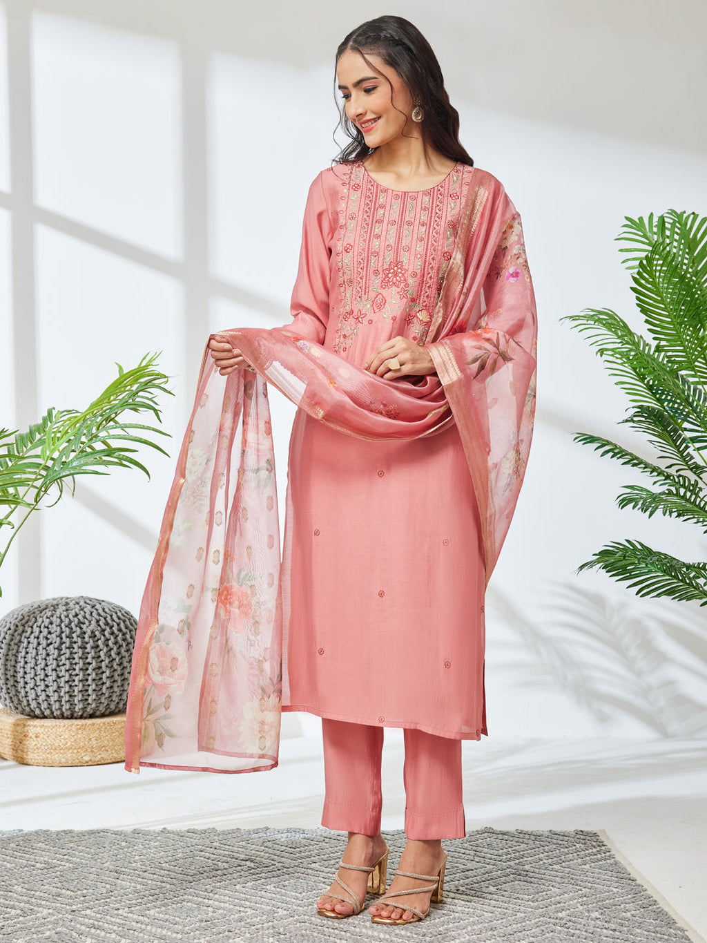 Janasya Coral Straight Silk Blend Kurta,Bottom & Dupatta | Grocsy