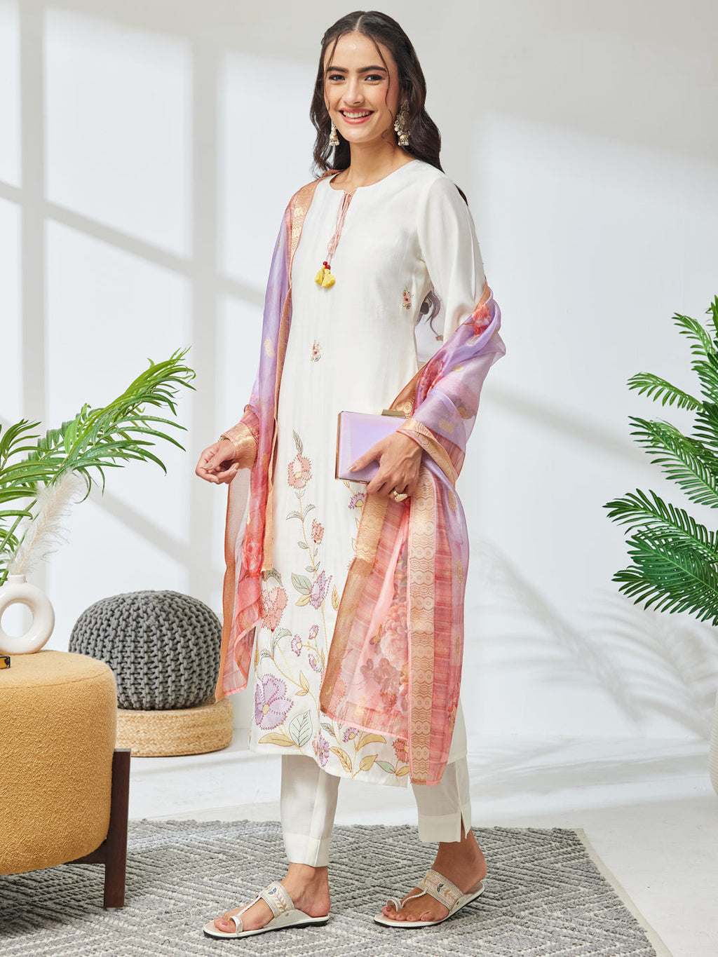 Janasya Off White Straight Chanderi Kurta,Bottom & Dupatta | Grocsy