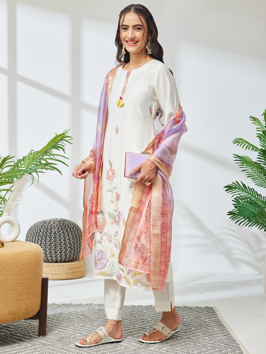 Janasya Off White Straight Chanderi Kurta,Bottom & Dupatta | Grocsy