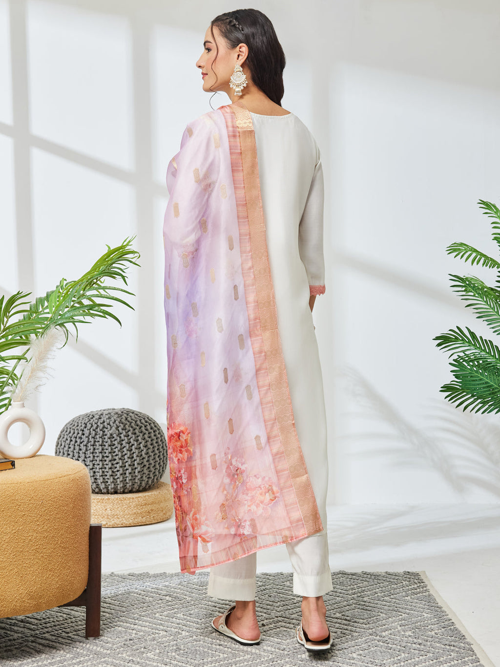 Janasya Off White Straight Chanderi Kurta,Bottom & Dupatta | Grocsy