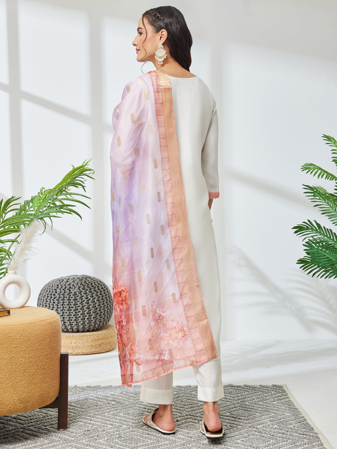 Janasya Off White Straight Chanderi Kurta,Bottom & Dupatta | Grocsy